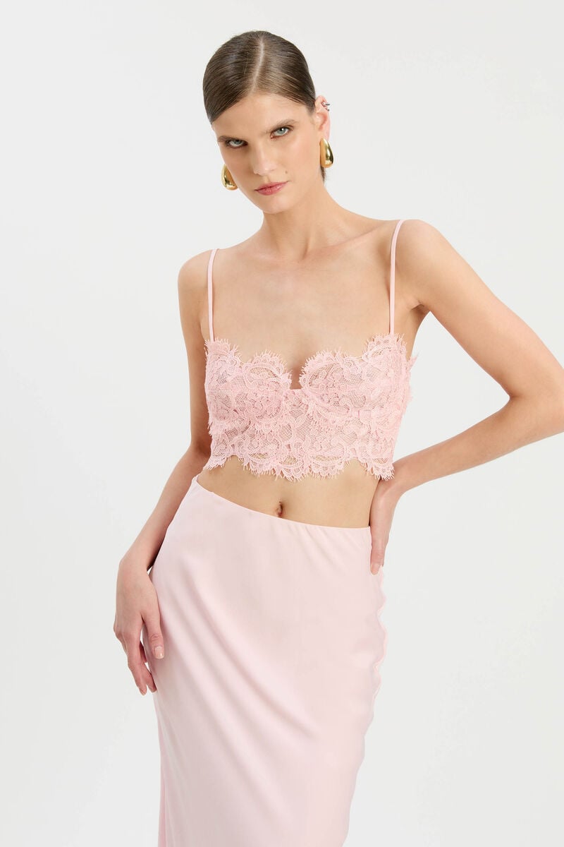 ELISAN LACE SATIN MIDI SKIRT in colour Petal Pink