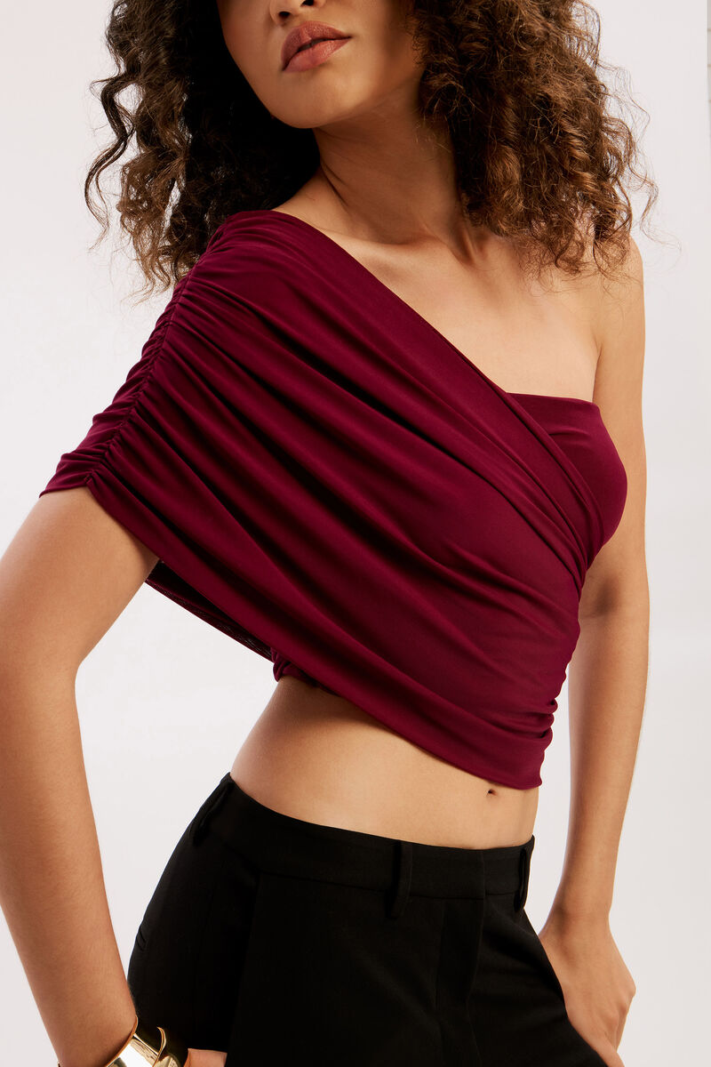 HARLEY ONE SHOULDER MESH TOP in colour Mulberry