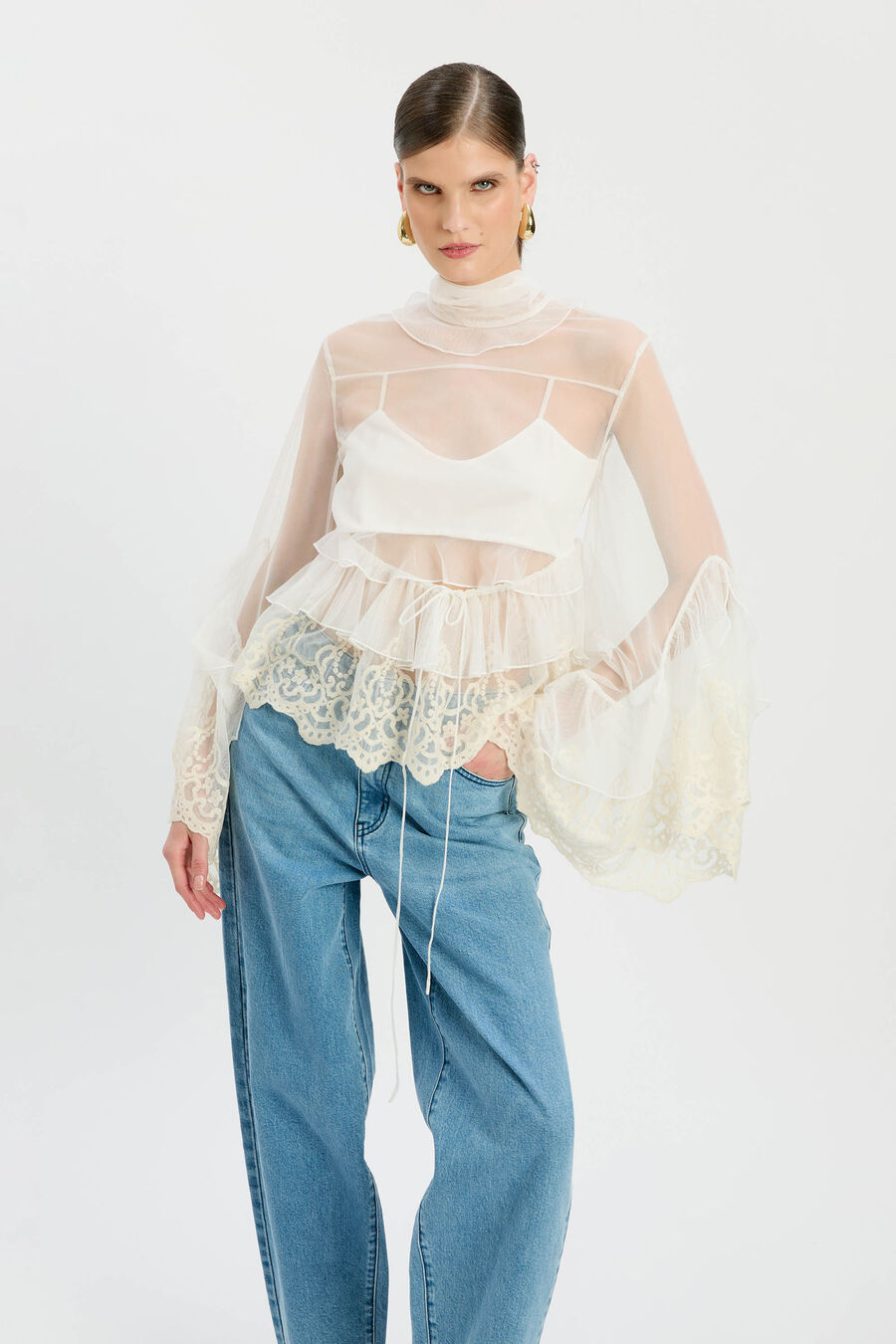 Anyssa Lace Edge Ruffle Blouse