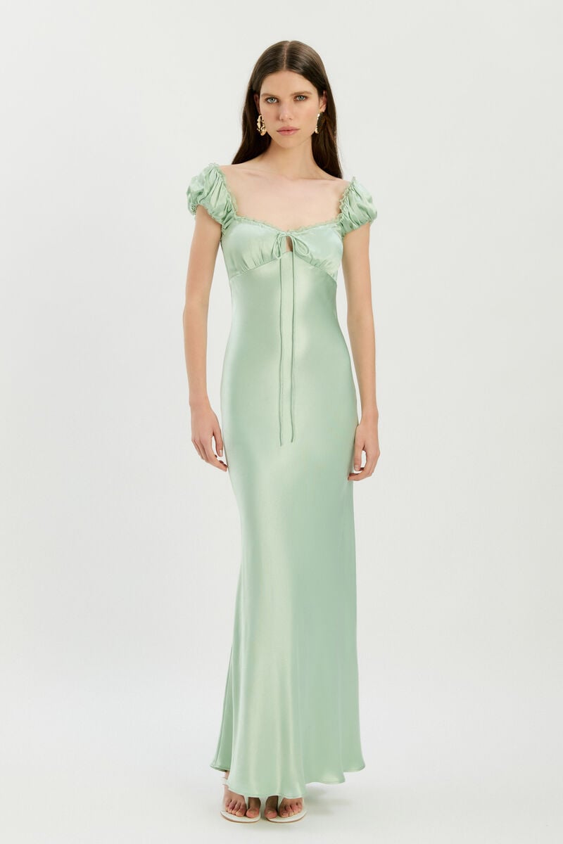 STASIA SATIN MAXI SLIP DRESS in colour Pistachio