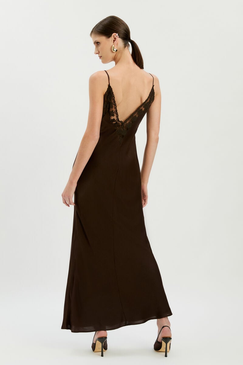 BONITA LACE TRIM MAXI DRESS in colour Dark Chocolate