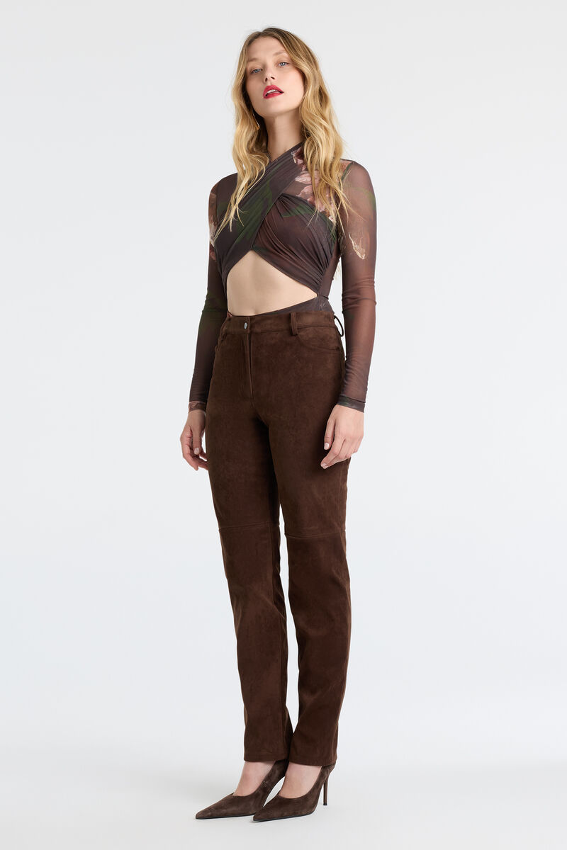 NIA VEGAN SUEDE PANT in colour Dark Chocolate