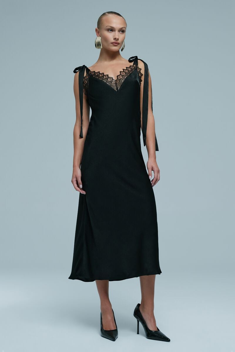 LYDIA TIE STRAP MIDI DRESS in colour Black