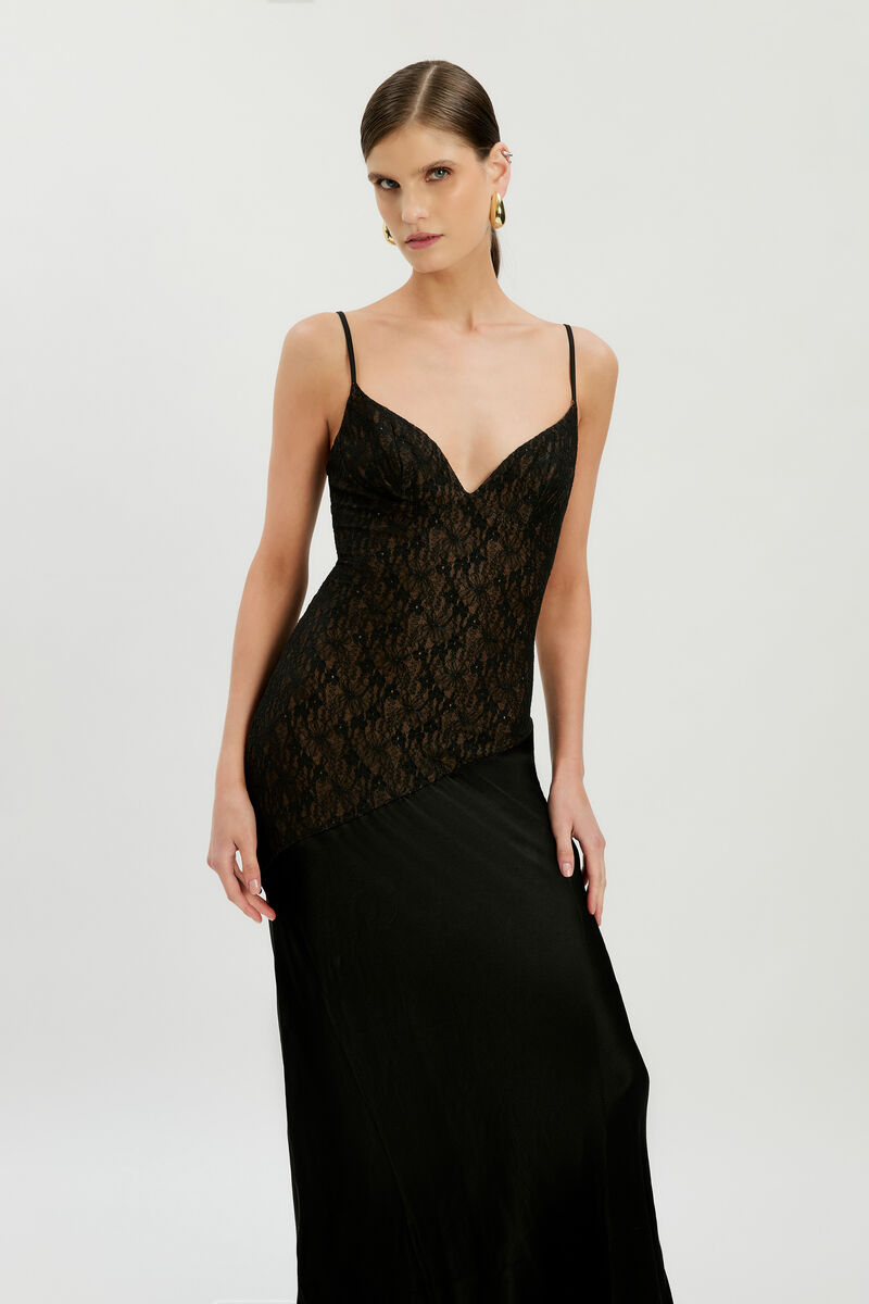 ARALIA LACE SATIN MAXI DRESS in colour Black