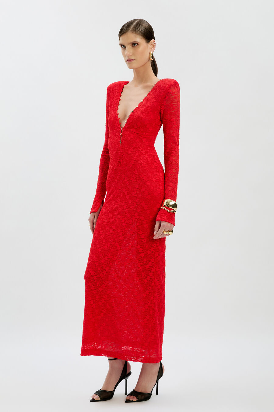 ZENIA LONG SLEEVE MIDI DRESS in colour Fire Red