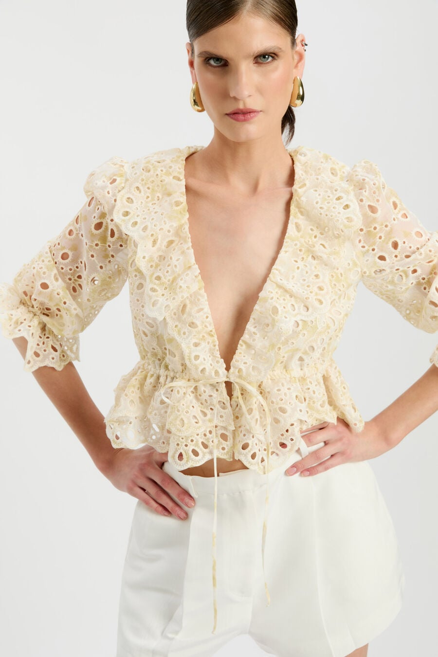 NAOMI DRAWCORD BRODERIE BLOUSE in colour Yellow Floral