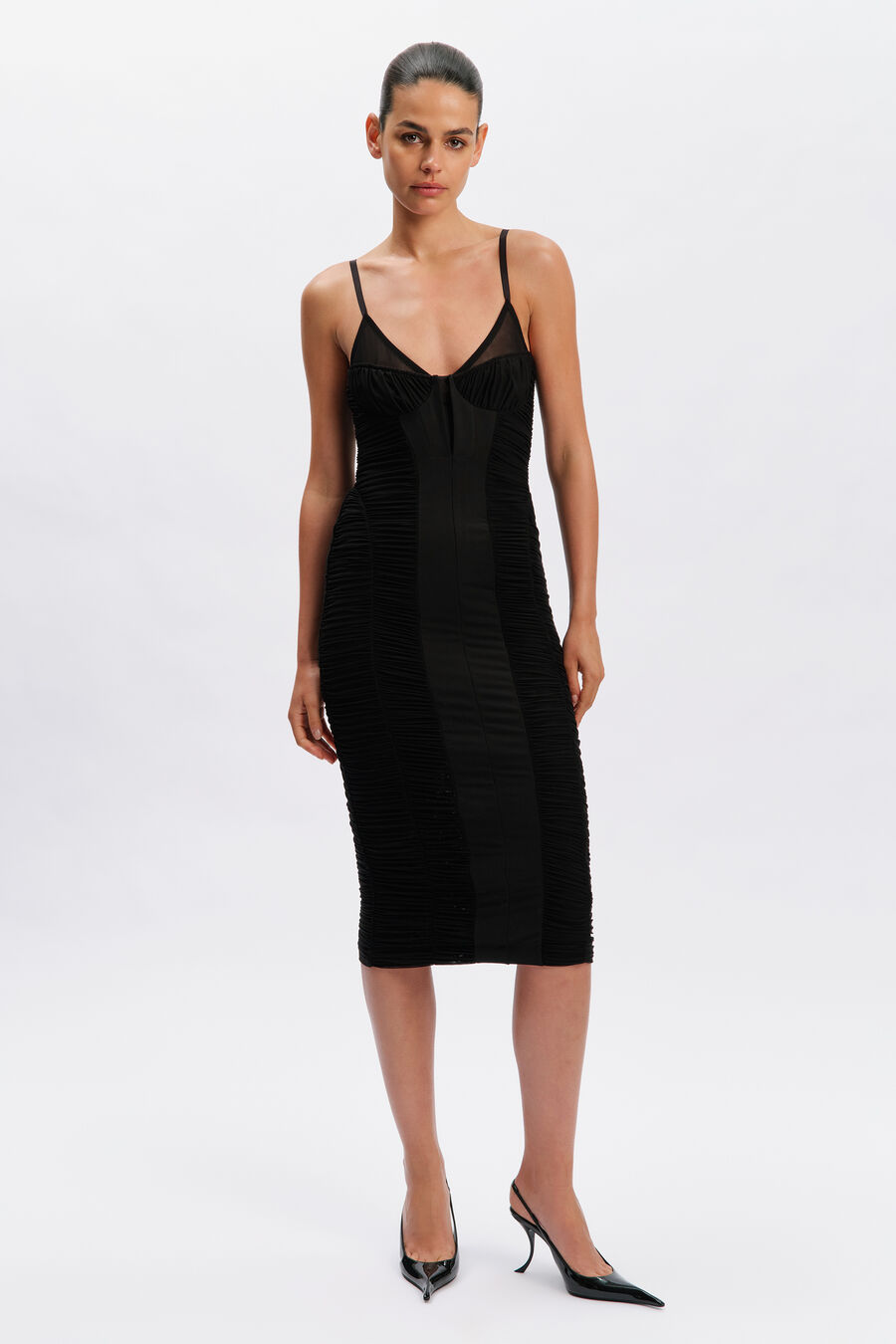 MELIA GATHERED MIDI DRESS in colour Black