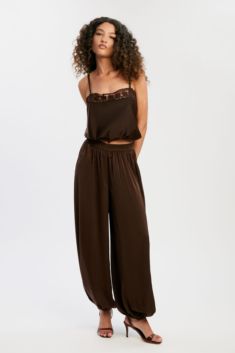 NIKOLA SATIN BALLOON PANT in colour Dark Chocolate