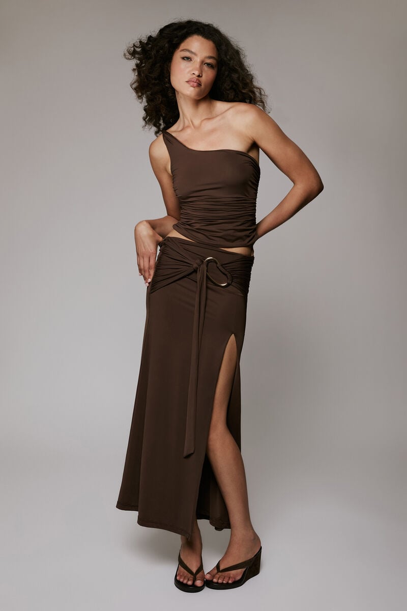 DION GOLD DETAIL MIDI SKIRT in colour Chocolate