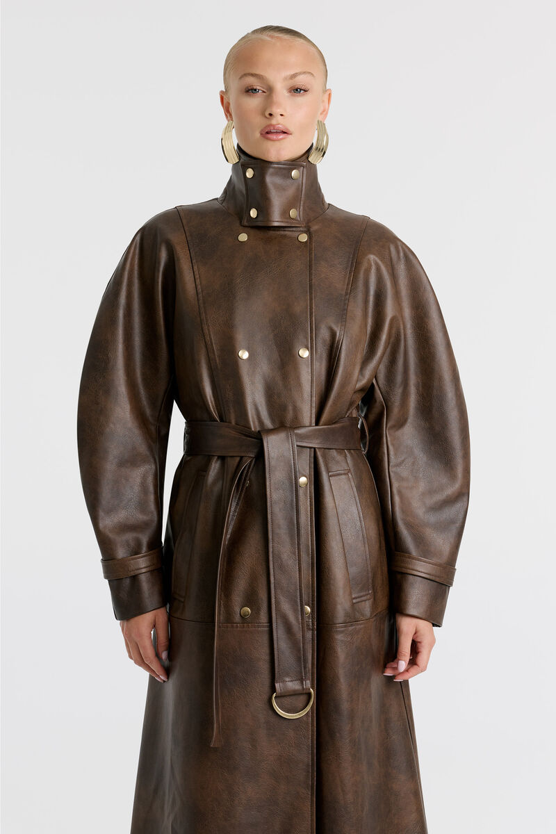MILANA VEGAN LEATHER TRENCH in colour Dark Chocolate