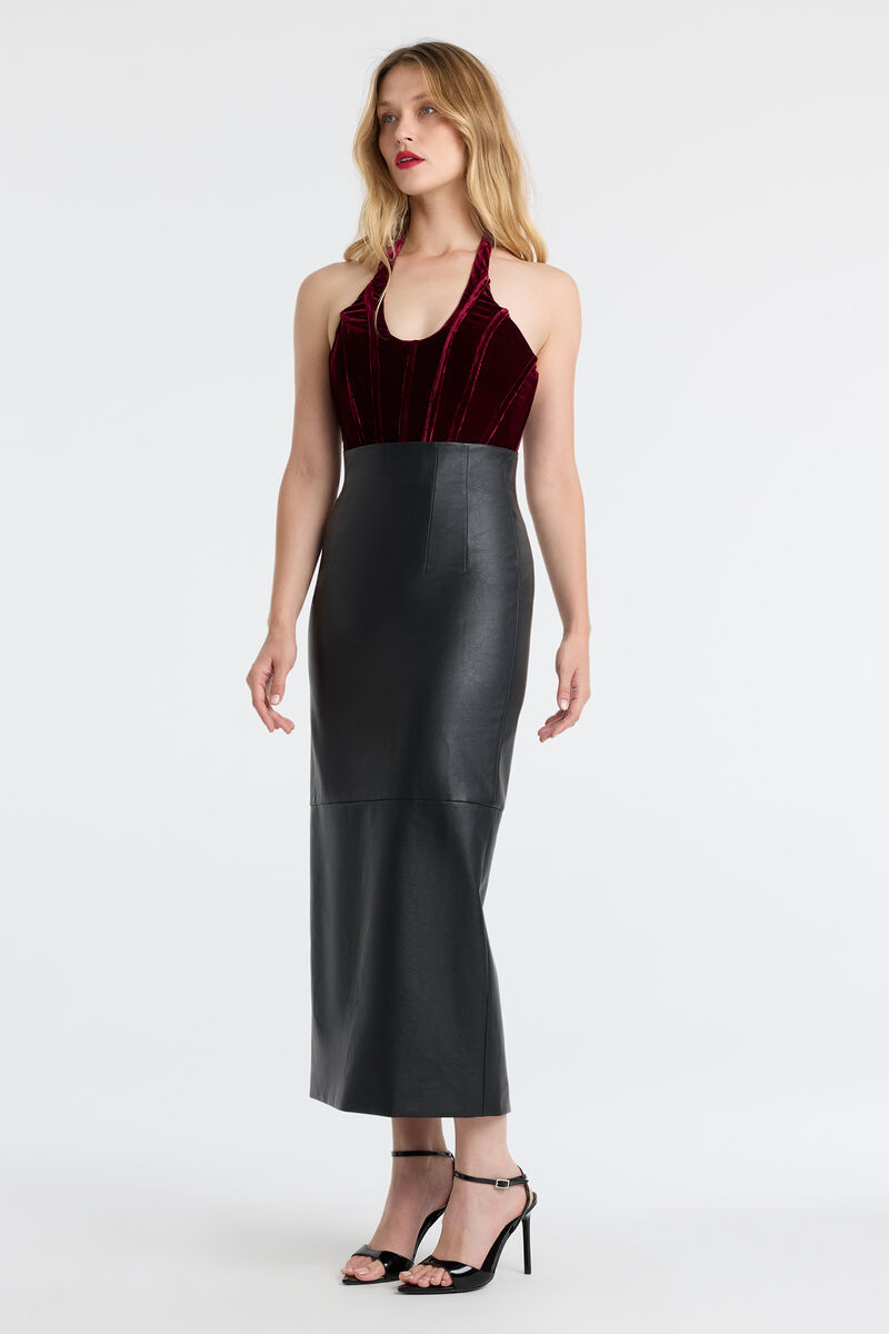 MILES VEGAN LEATHER MIDI SKIRT in colour Black