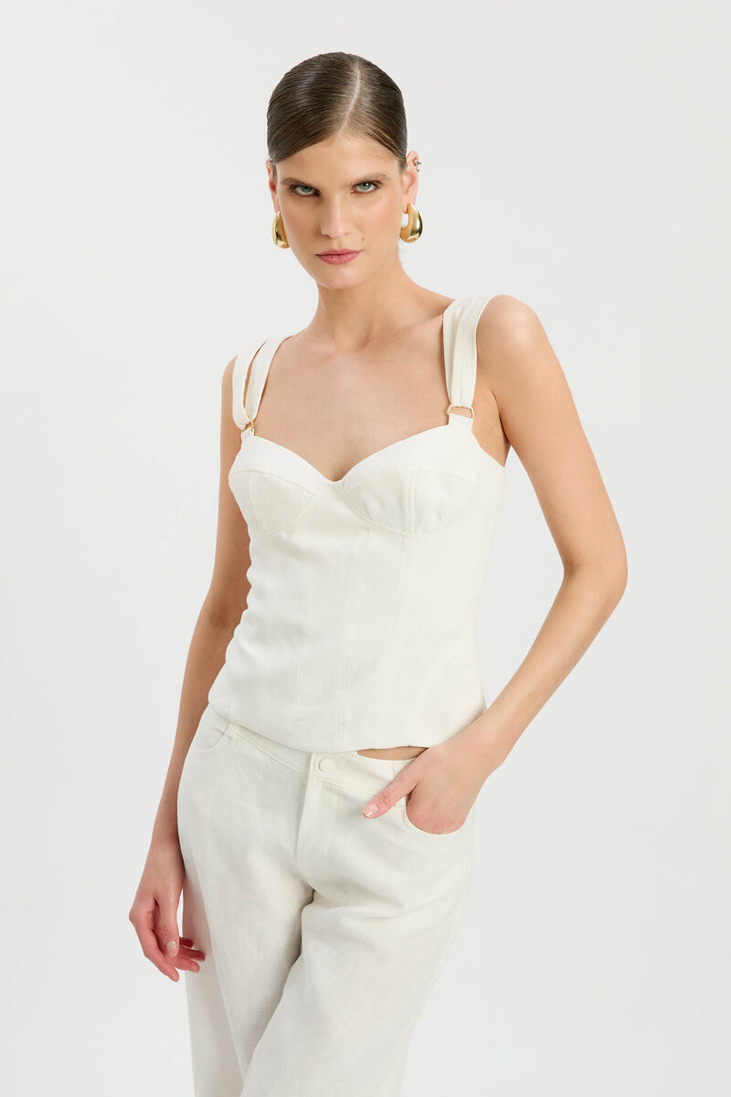 SERAFINA LINEN MID RISE PANT in colour Ivory