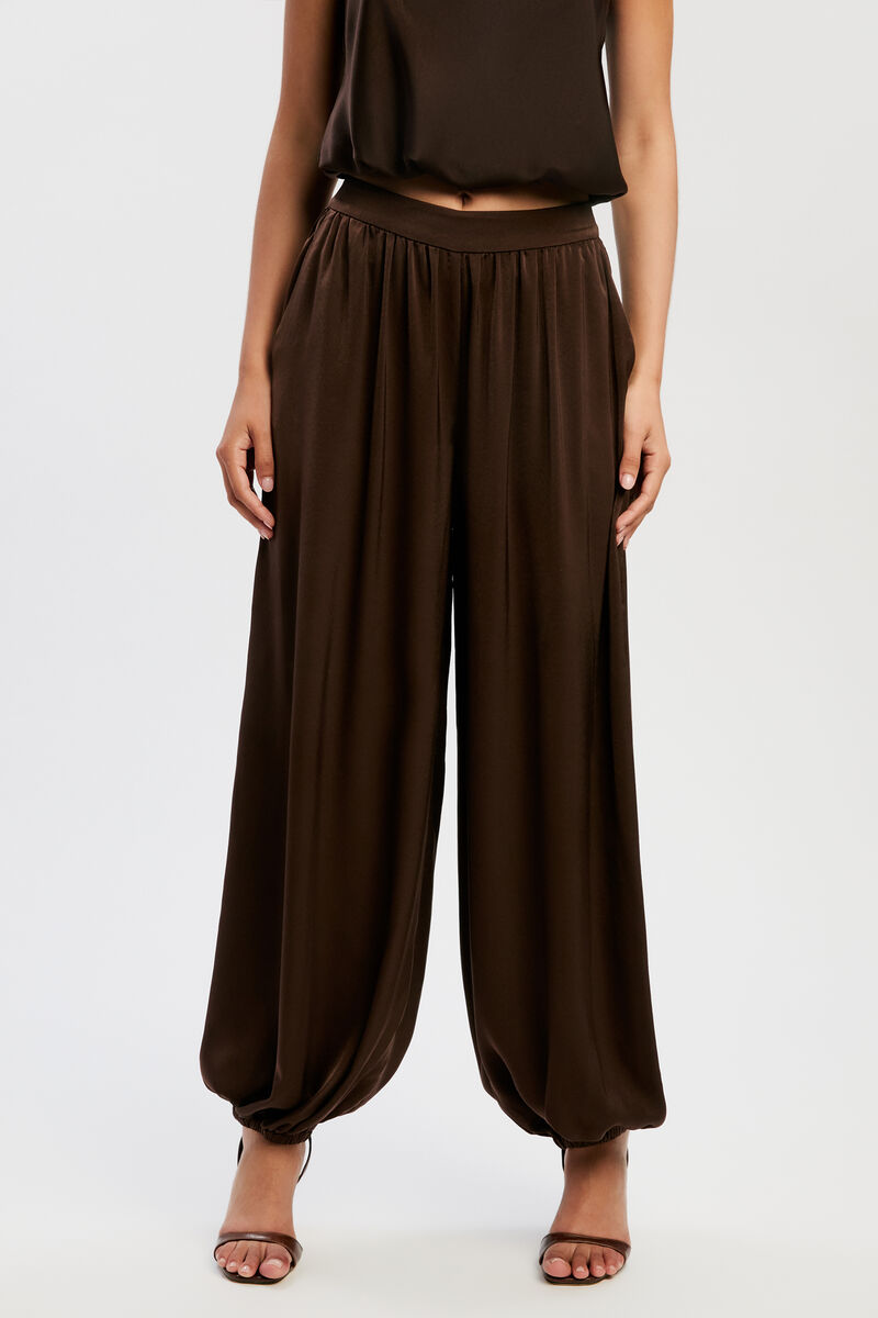 NIKOLA SATIN BALLOON PANT in colour Dark Chocolate