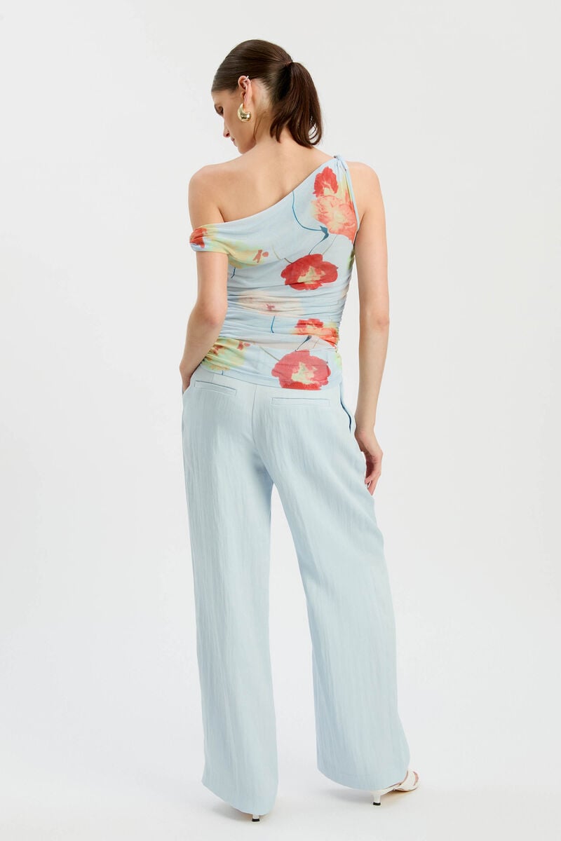 LAYANA PRINTED MESH ASYM TOP in colour Baby Blue Floral