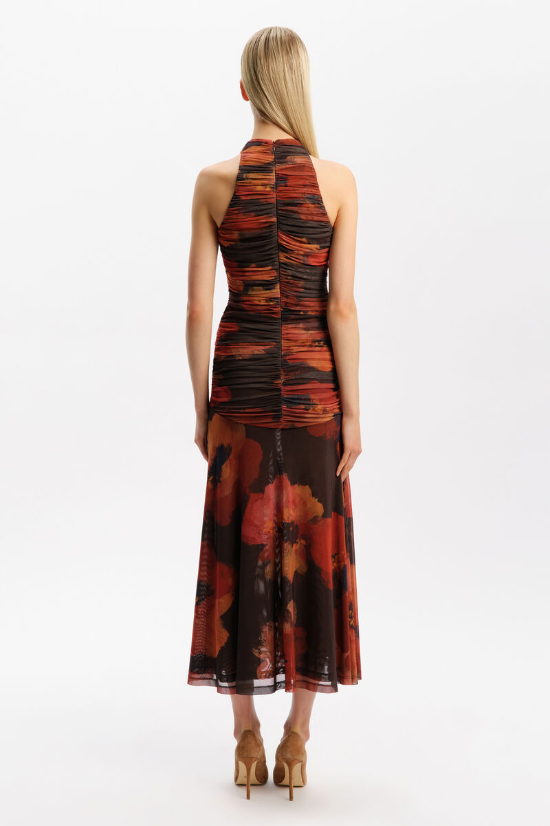 NATALYA MESH MIDI DRESS in colour Earth Red