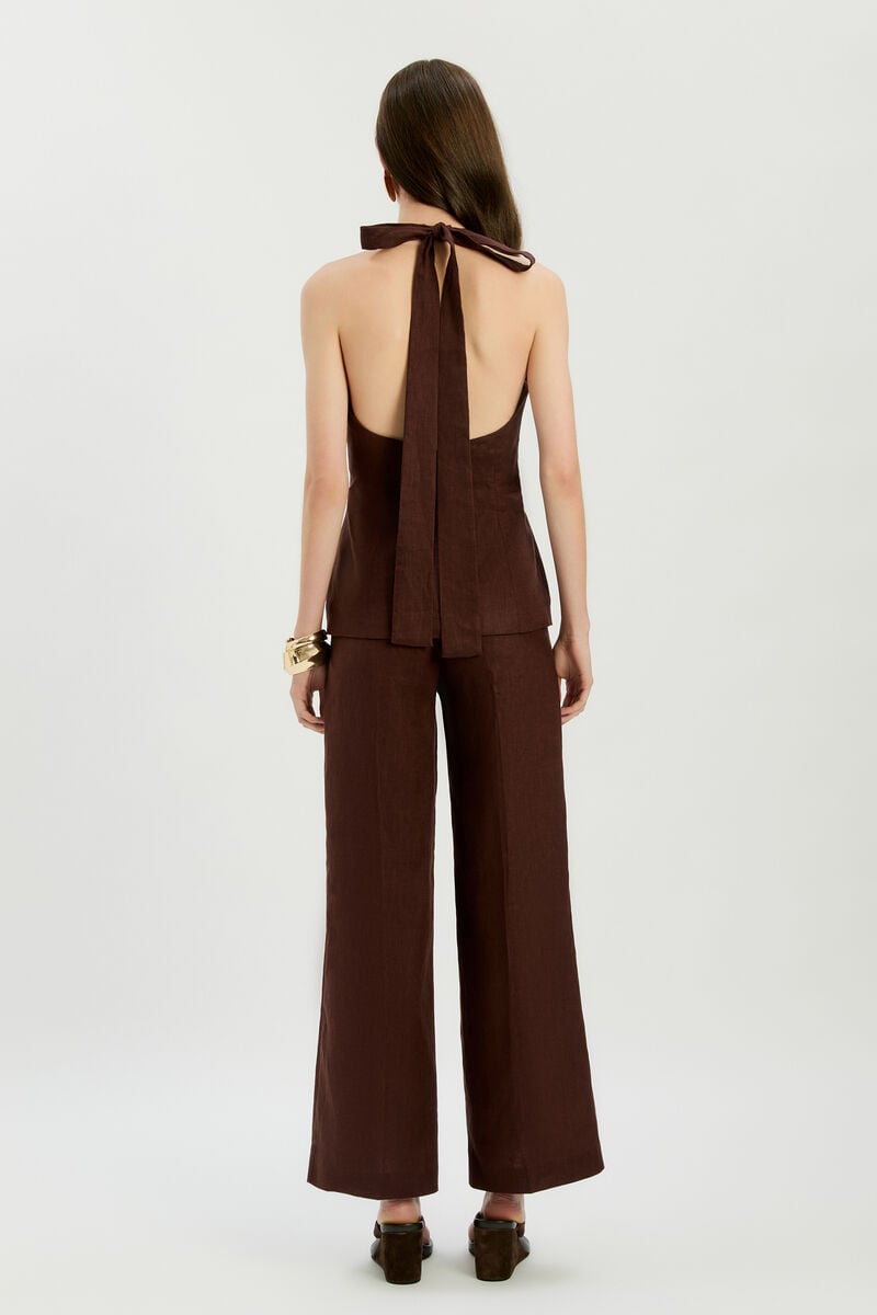CAVARLY LINEN HALTER TOP in colour Chocolate
