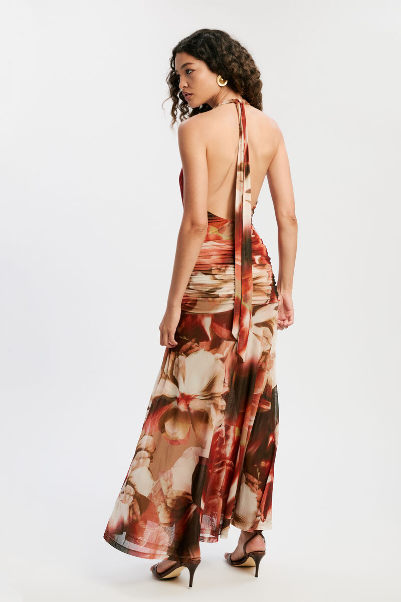 SARIBA HALTER MESH MIDI DRESS in colour Burnt Orange