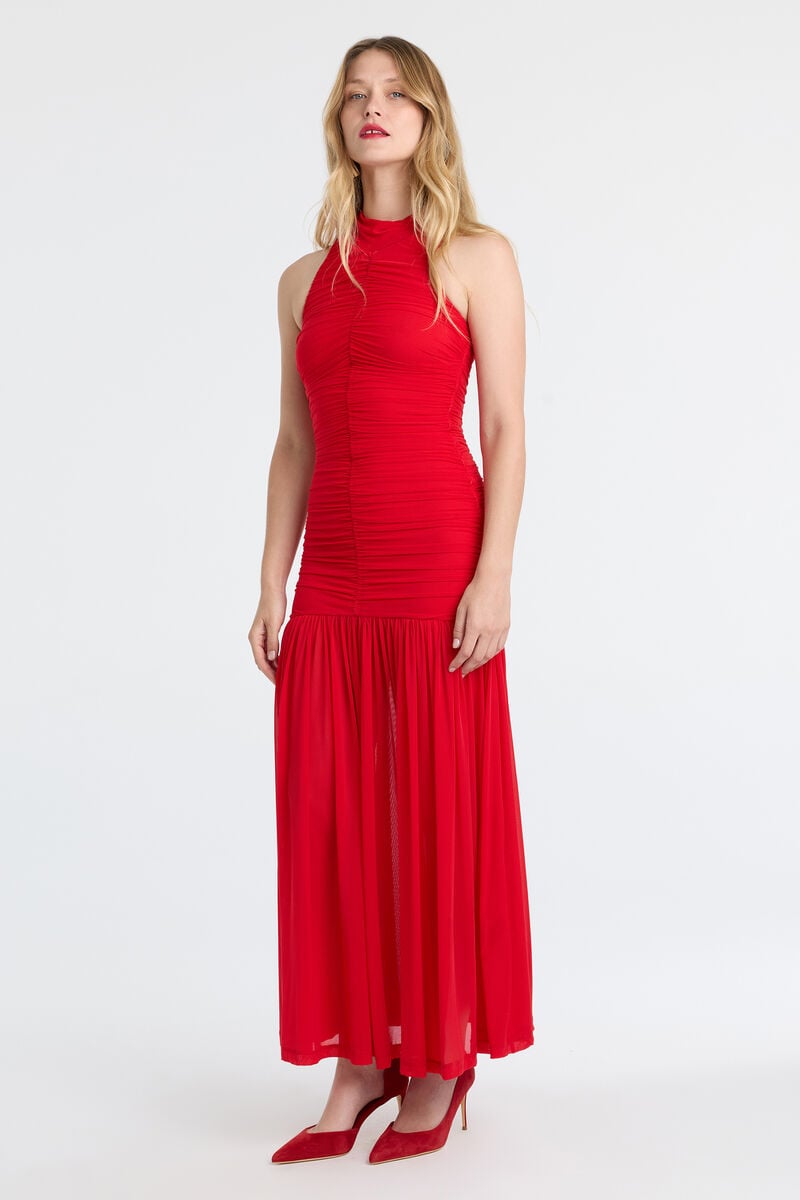 ORLANA MESH MAXI DRESS in colour Fire Red