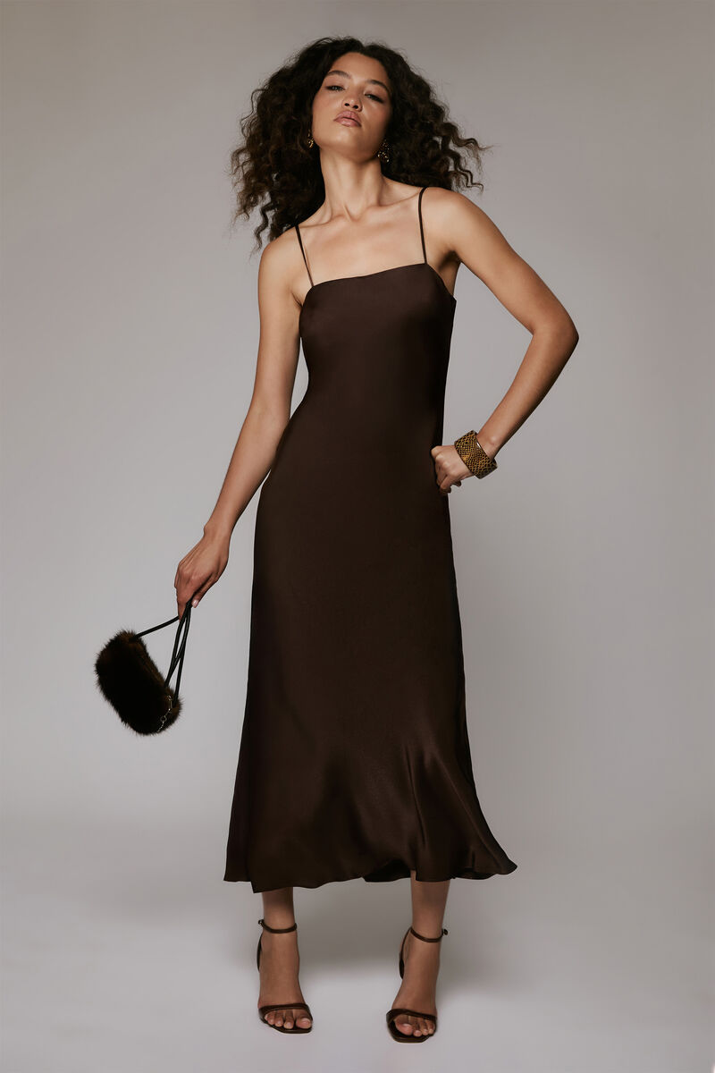 MARLO SATIN SLIP DRESS in colour Dark Chocolate