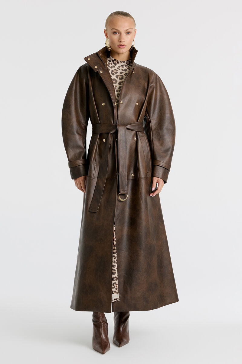 MILANA VEGAN LEATHER TRENCH in colour Dark Chocolate