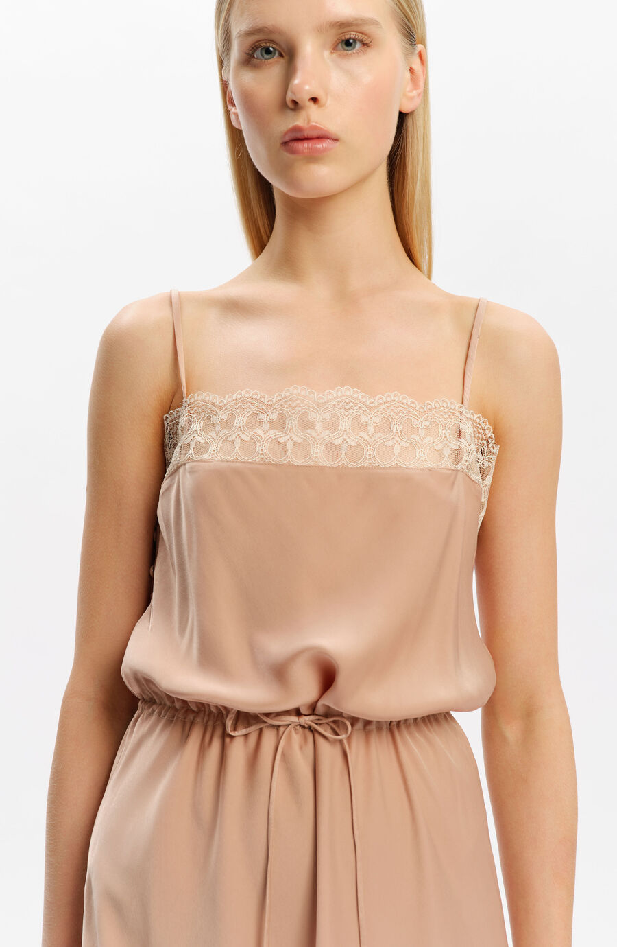 OLINA LACE SATIN MIDI DRESS in colour Soft Camel