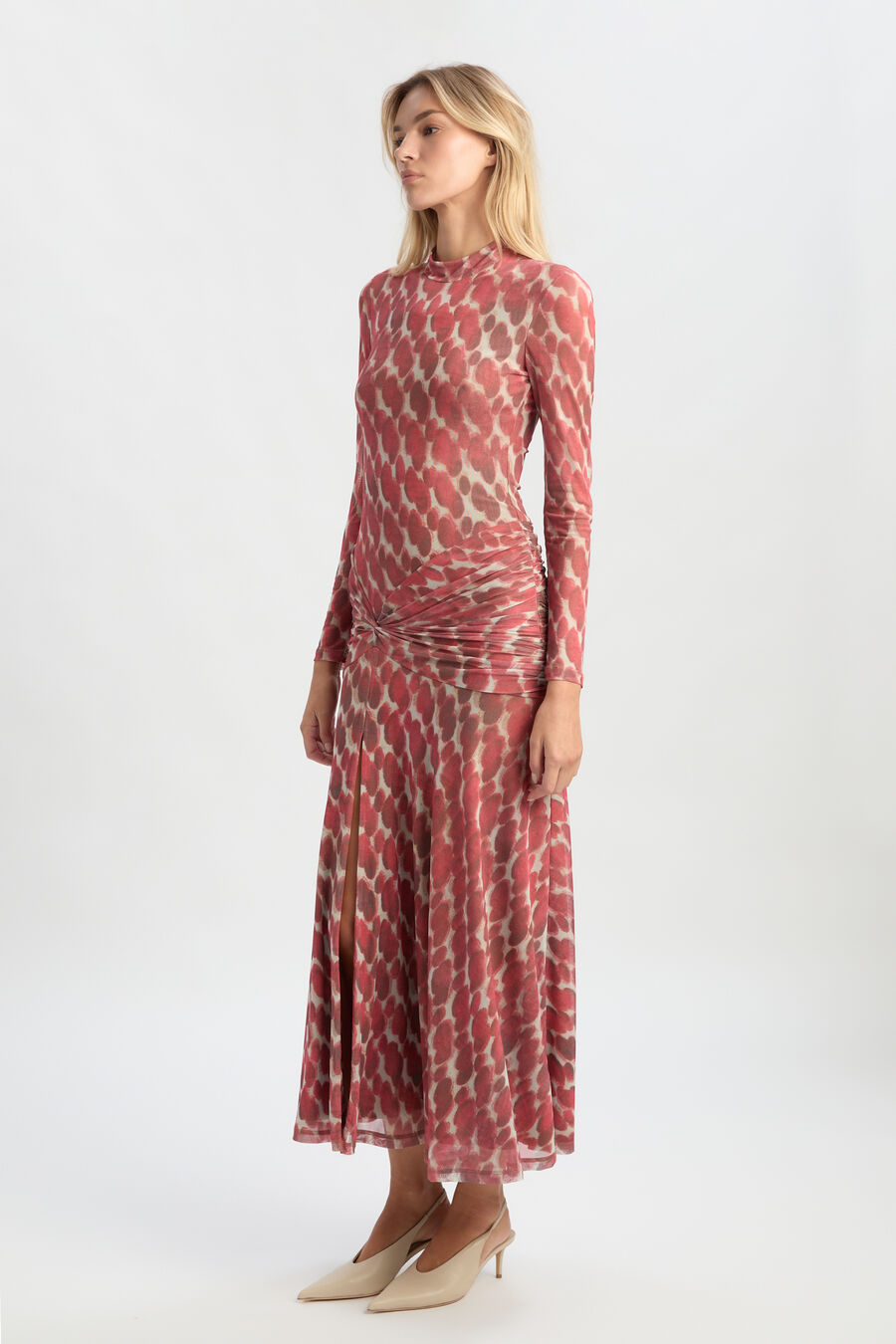LEA PRINTED MESH DRESS in colour RED SPOT