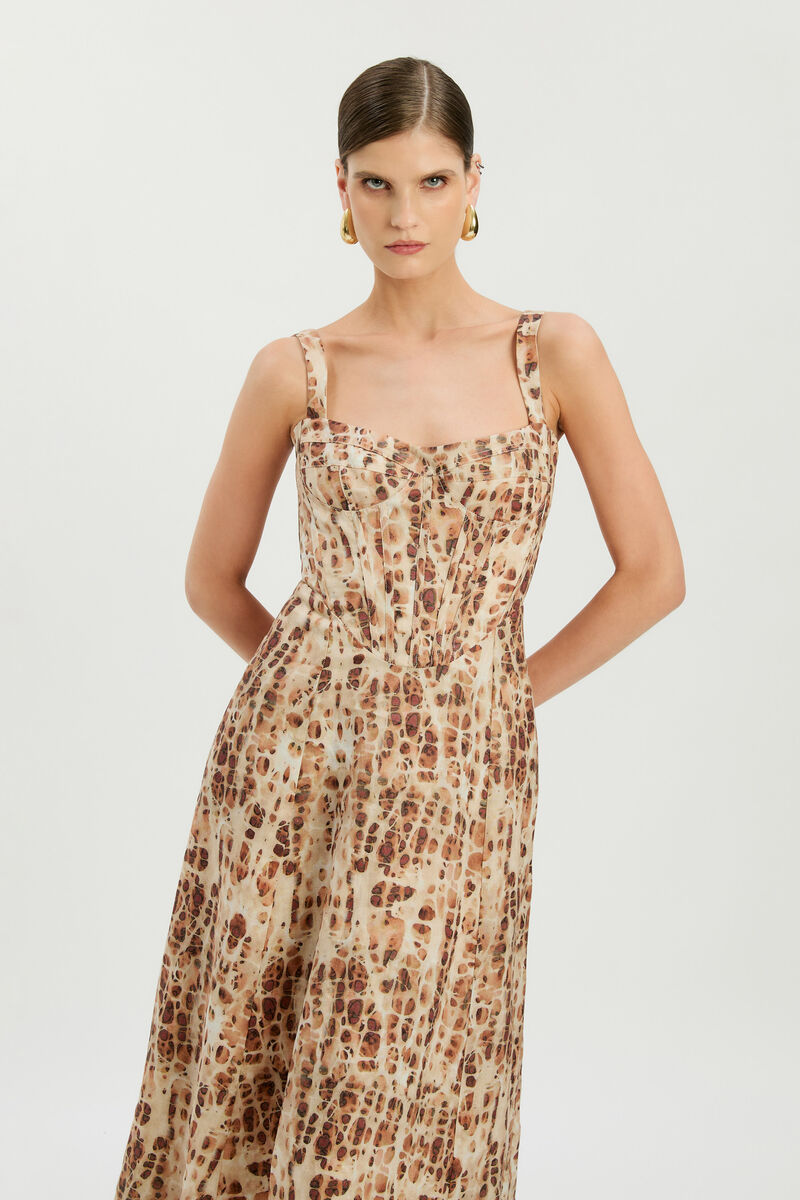 LILAH CORSET MIDI DRESS in colour Pebble Print