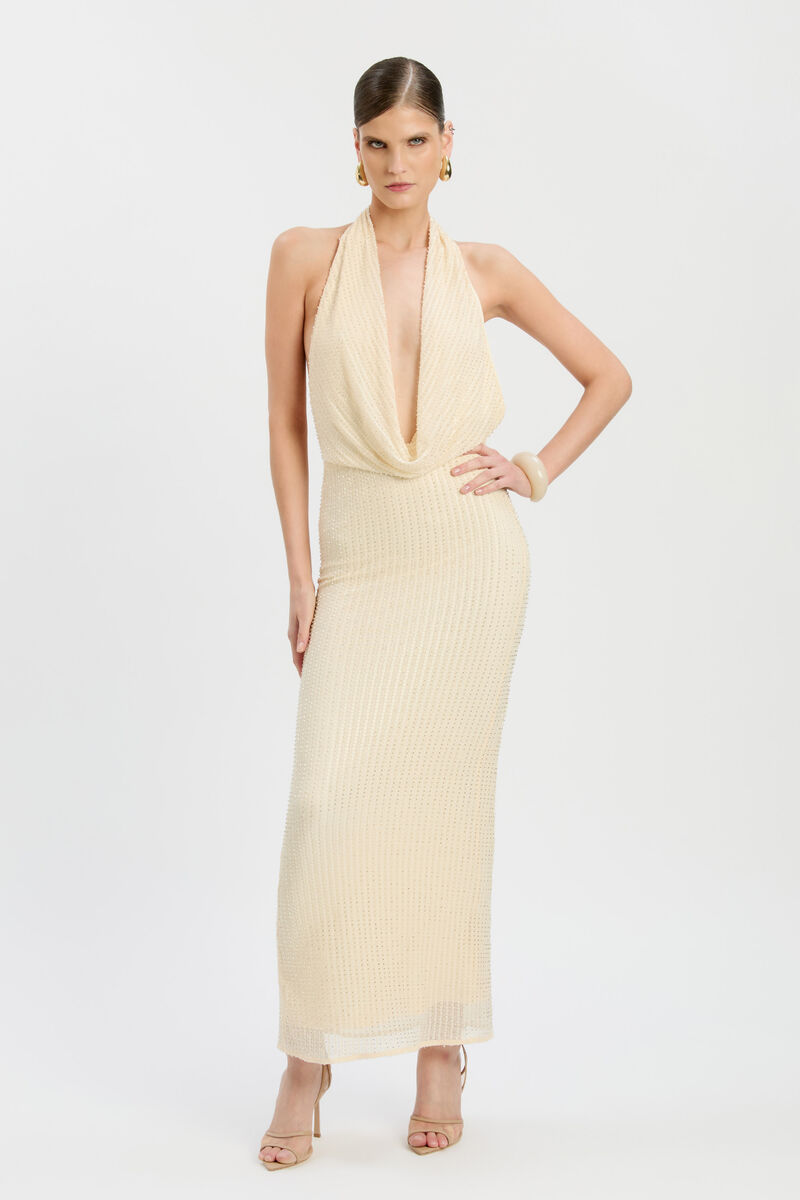 NOLA SEQUIN COWL MAXI DRESS in colour Buttercup