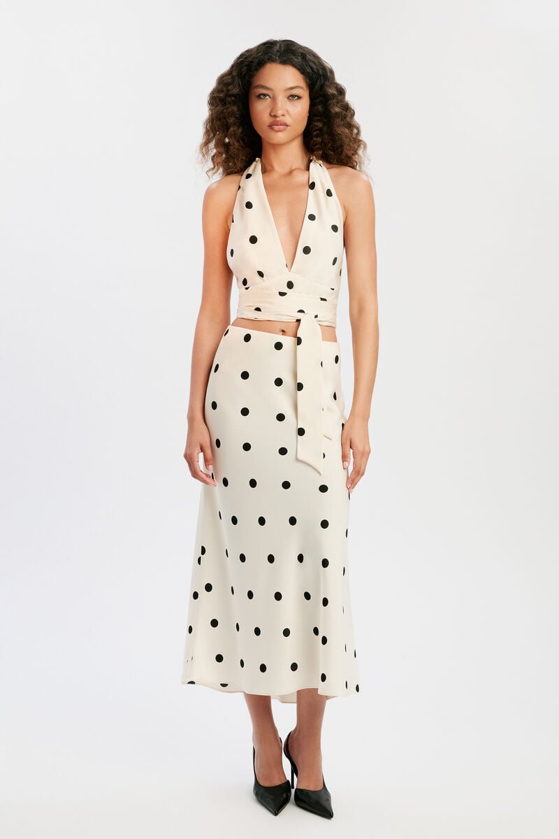 PHOEBE SATIN HALTER TIE TOP in colour Black Spot
