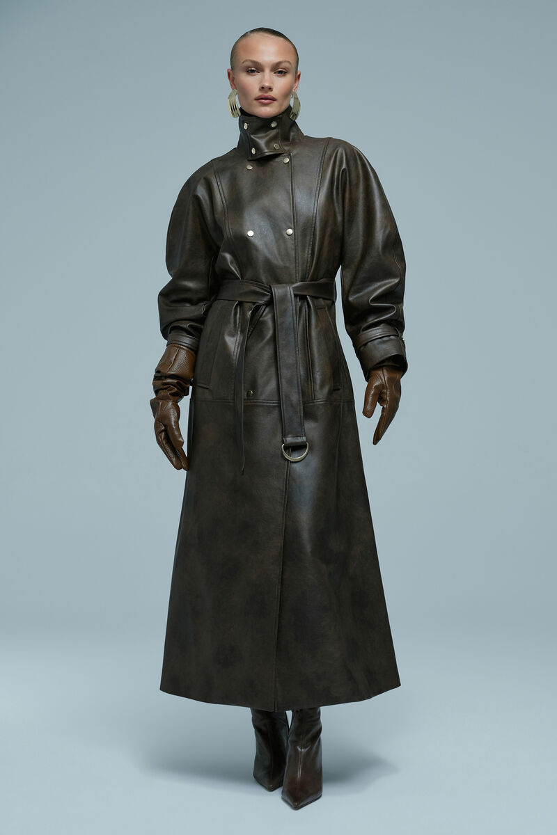 MILANA VEGAN LEATHER TRENCH in colour Dark Chocolate