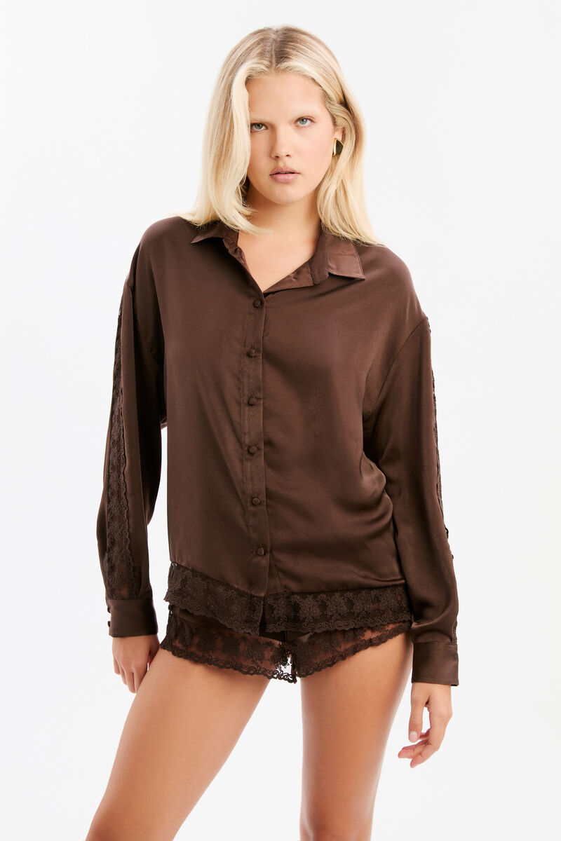 BONITA SATIN LACE TRIM SHIRT in colour Dark Chocolate