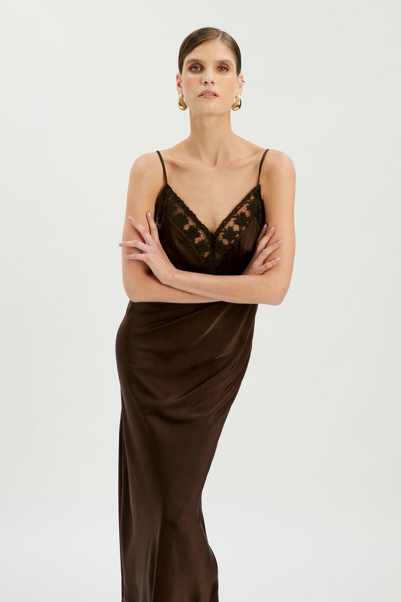 BONITA LACE TRIM MAXI DRESS in colour Dark Chocolate