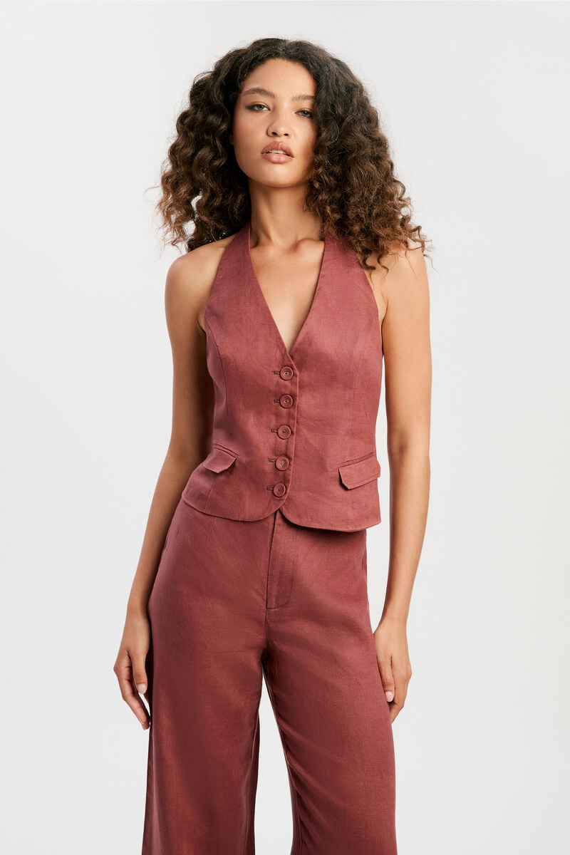 DOMENICA MID RISE LINEN PANT in colour Chestnut