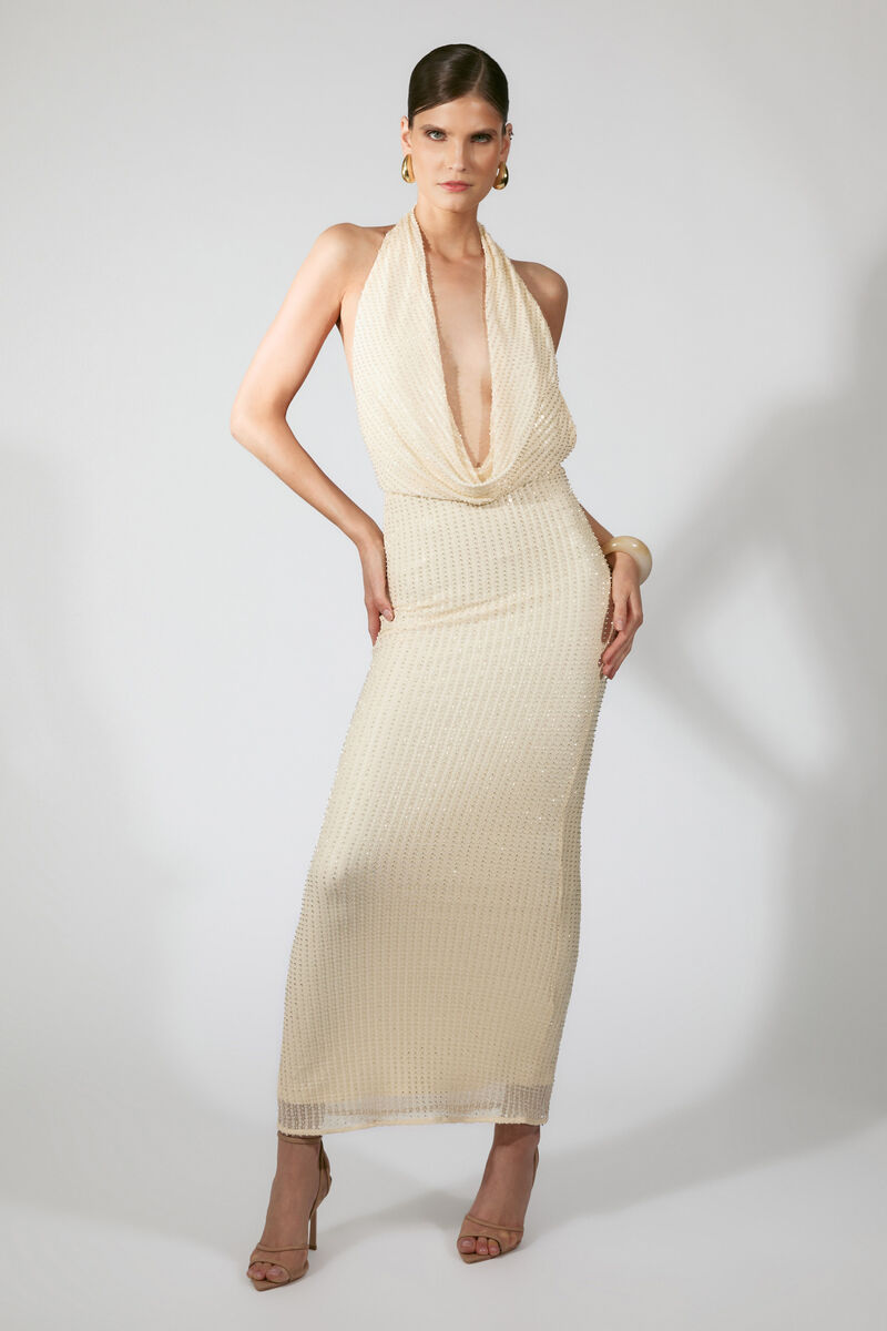 NOLA SEQUIN COWL MAXI DRESS in colour Buttercup