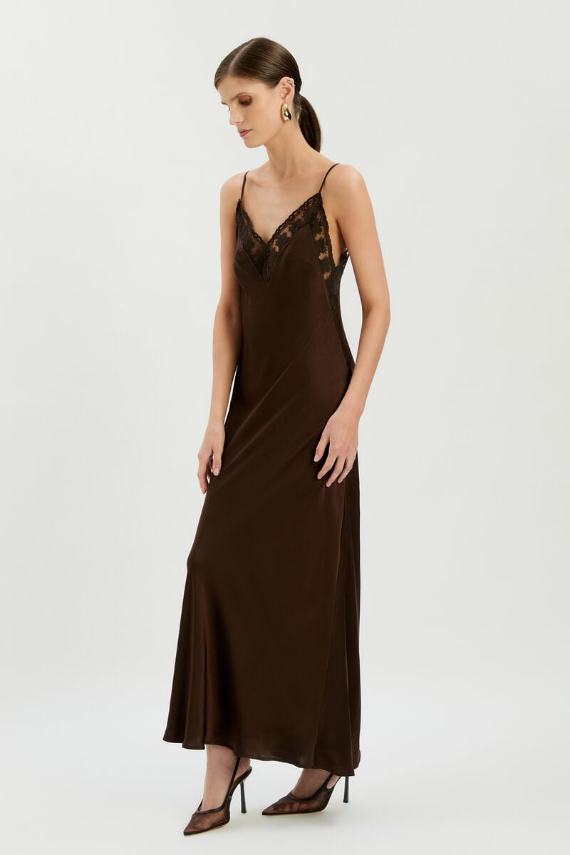 BONITA LACE TRIM MAXI DRESS in colour Dark Chocolate