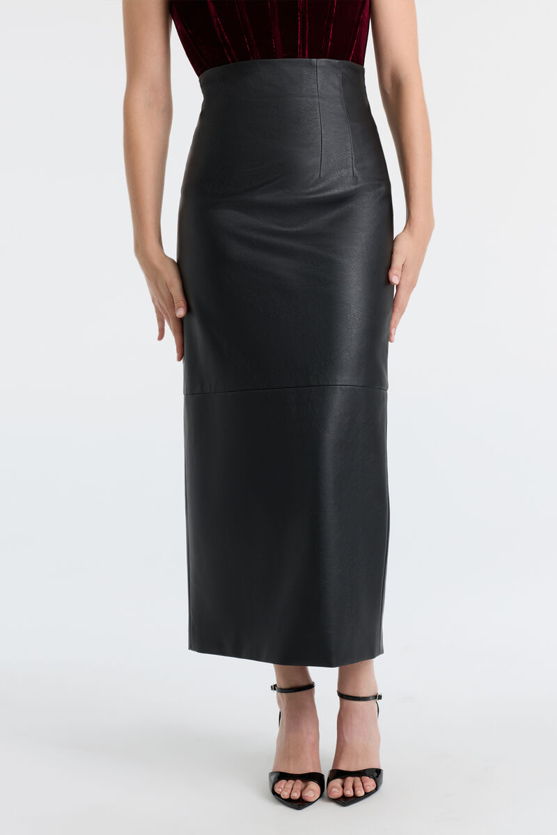 MILES VEGAN LEATHER MIDI SKIRT in colour Black