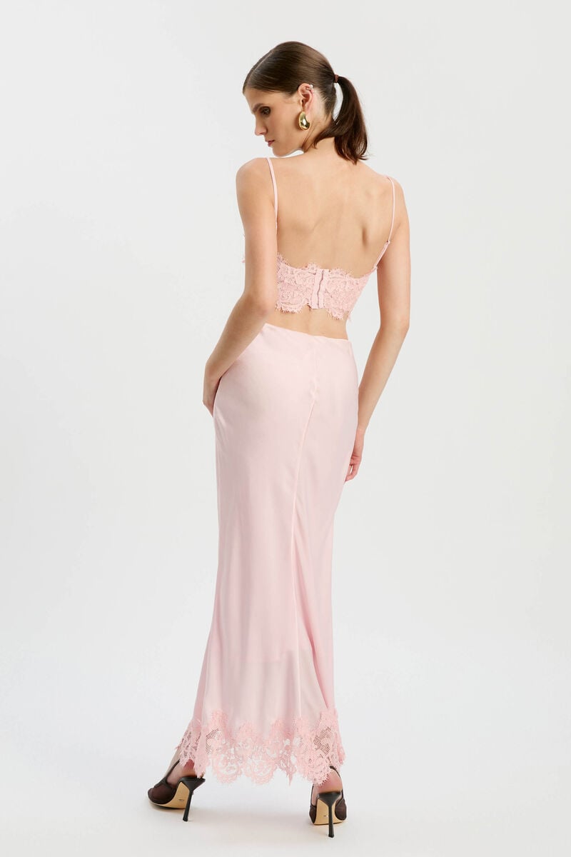 ELISAN LACE SATIN MIDI SKIRT in colour Petal Pink