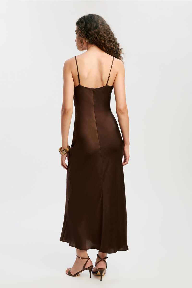 MARLO SATIN SLIP DRESS in colour Dark Chocolate