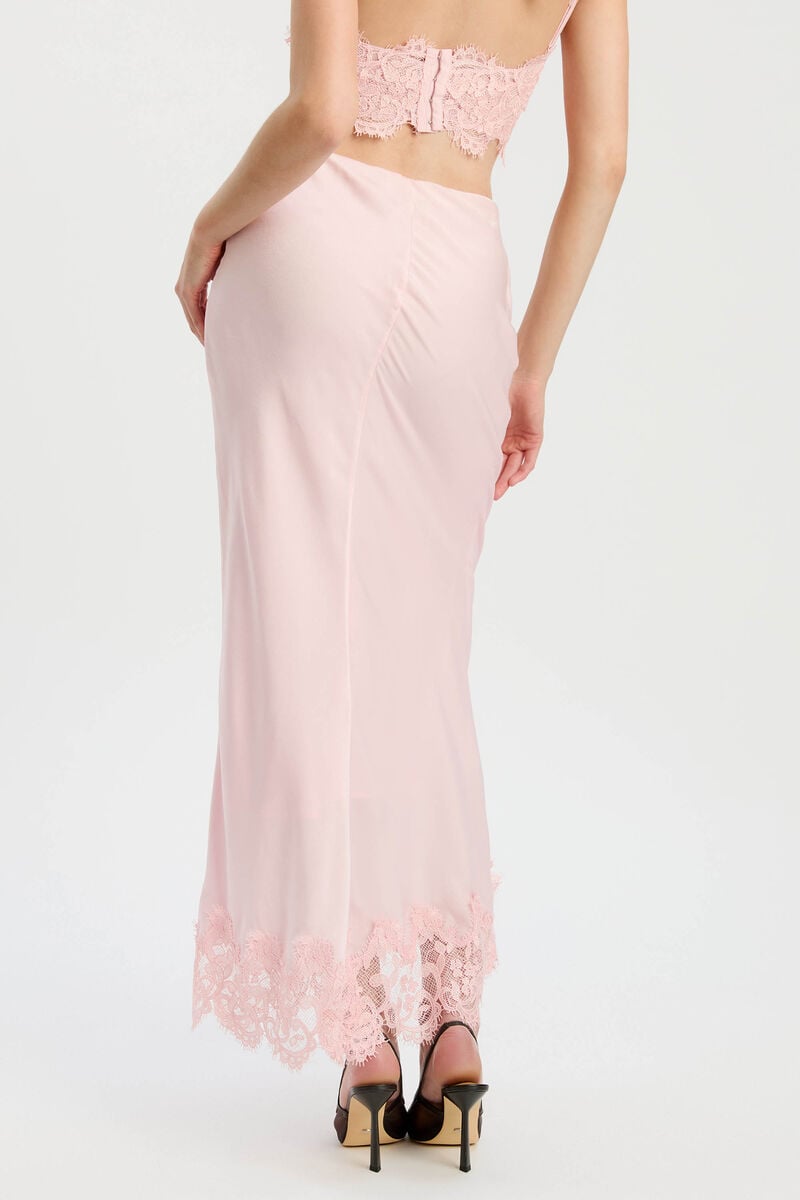 ELISAN LACE SATIN MIDI SKIRT in colour Petal Pink