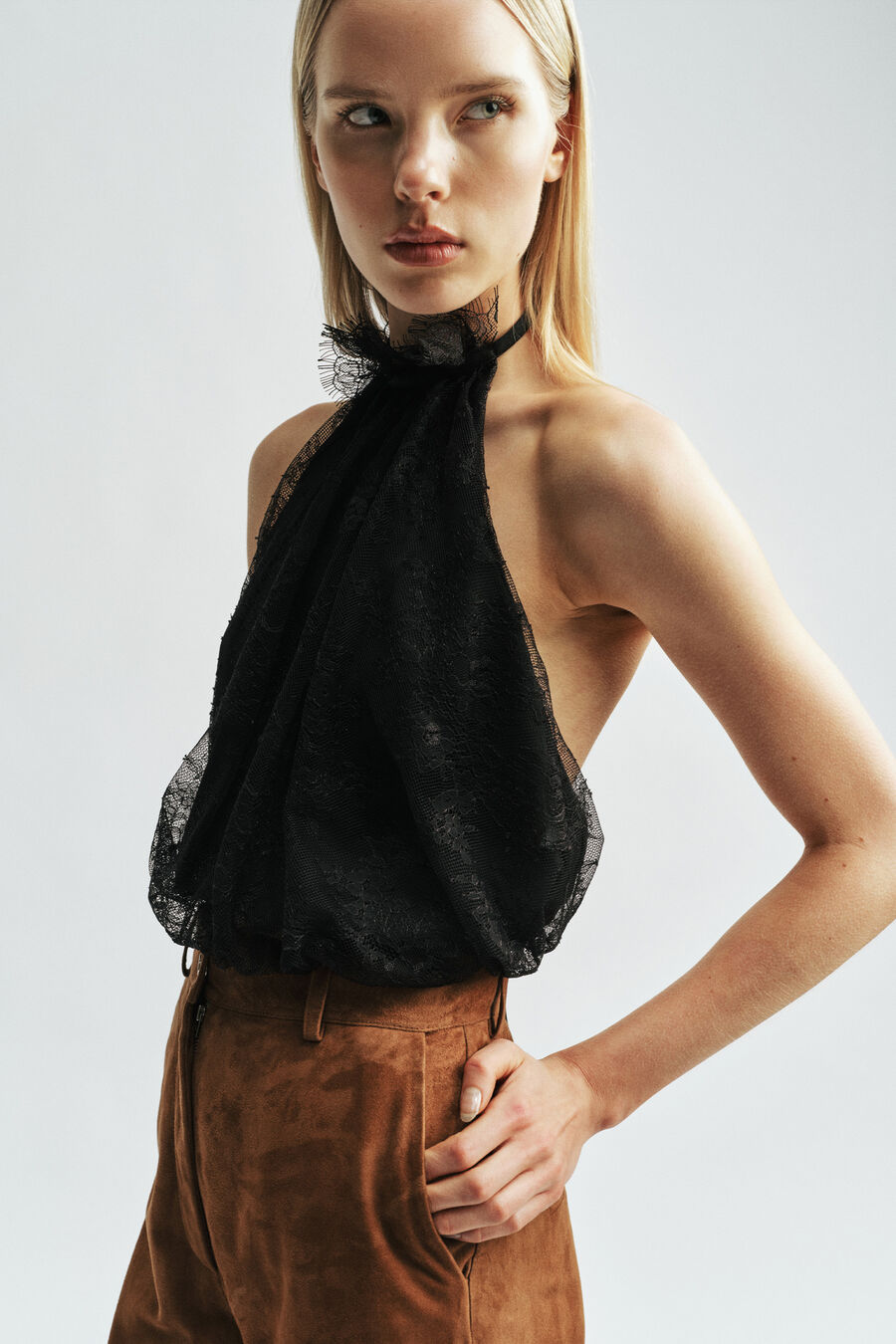 EMINA LACE HALTER NECK TOP in colour BLACK