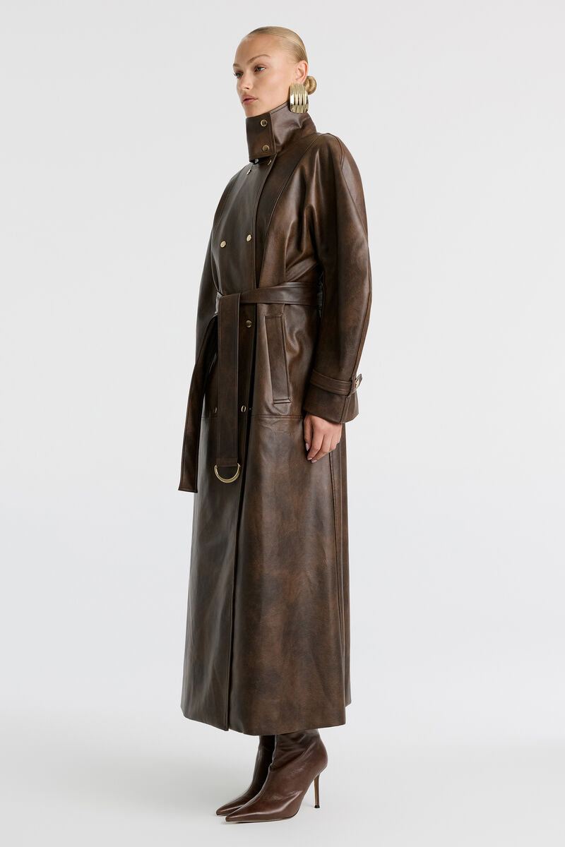 MILANA VEGAN LEATHER TRENCH in colour Dark Chocolate