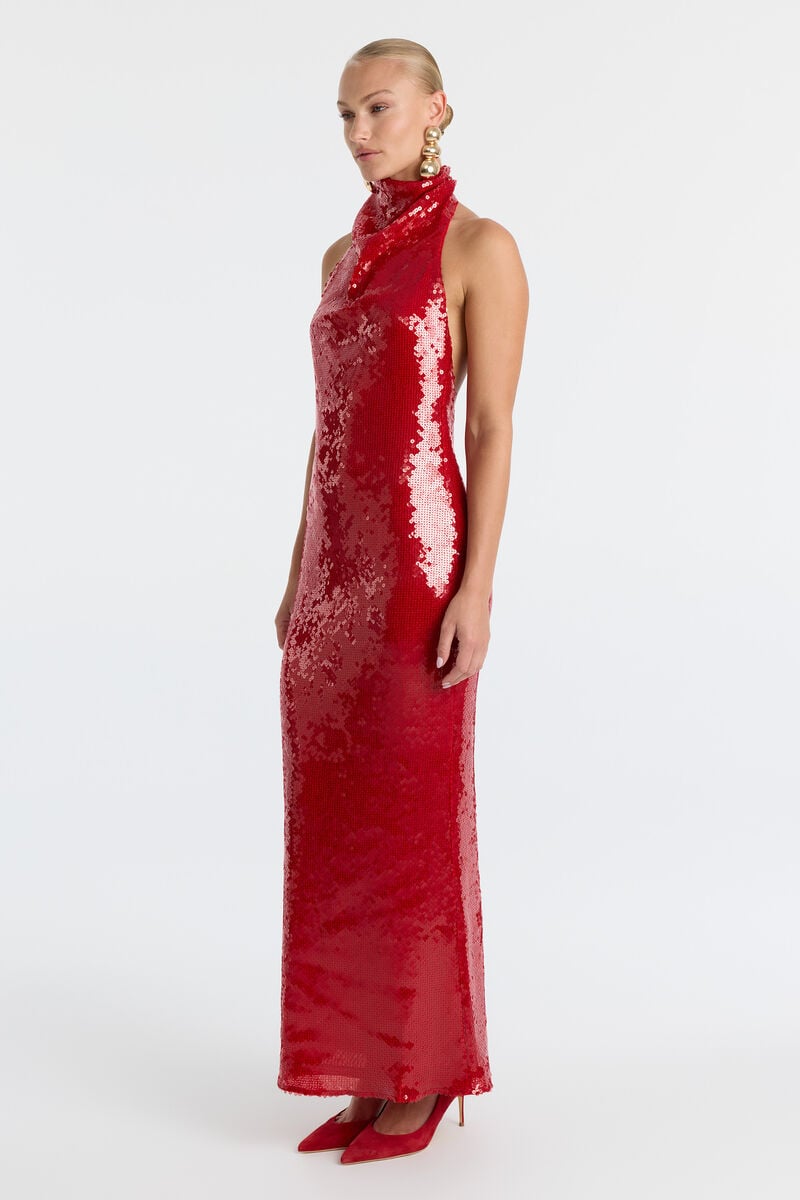 ERYN SEQUIN MAXI DRESS in colour Deep Red