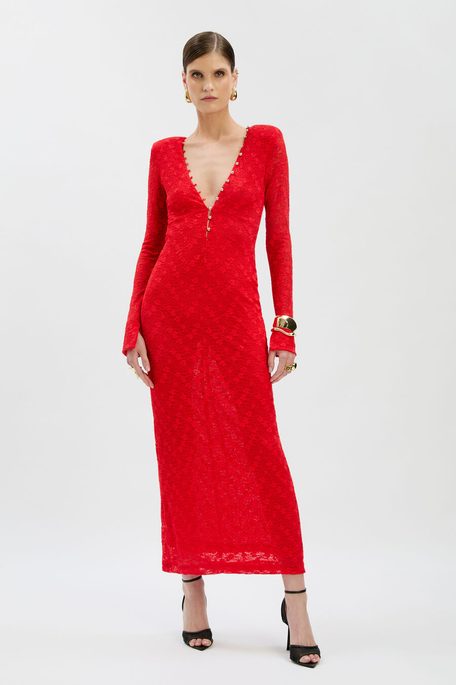 ZENIA LONG SLEEVE MIDI DRESS in colour Fire Red