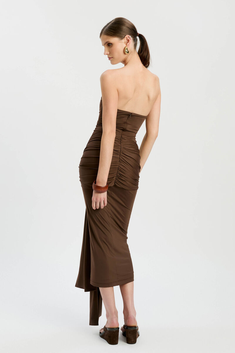 LAVERNE STRAPLESS MIDI DRESS in colour Chocolate