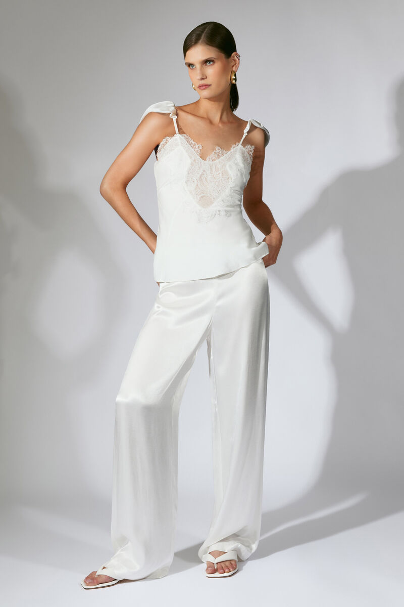 DEVIN MID RISE SATIN PANT in colour Orchid White