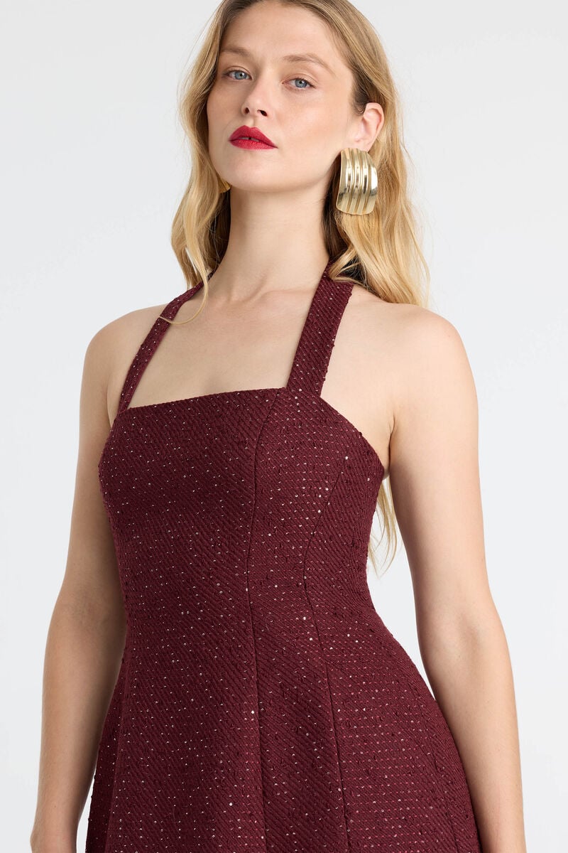 NEVELLE BOUCLE HALTER DRESS in colour Burgundy