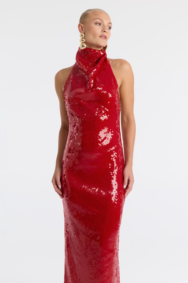 ERYN SEQUIN MAXI DRESS in colour Deep Red