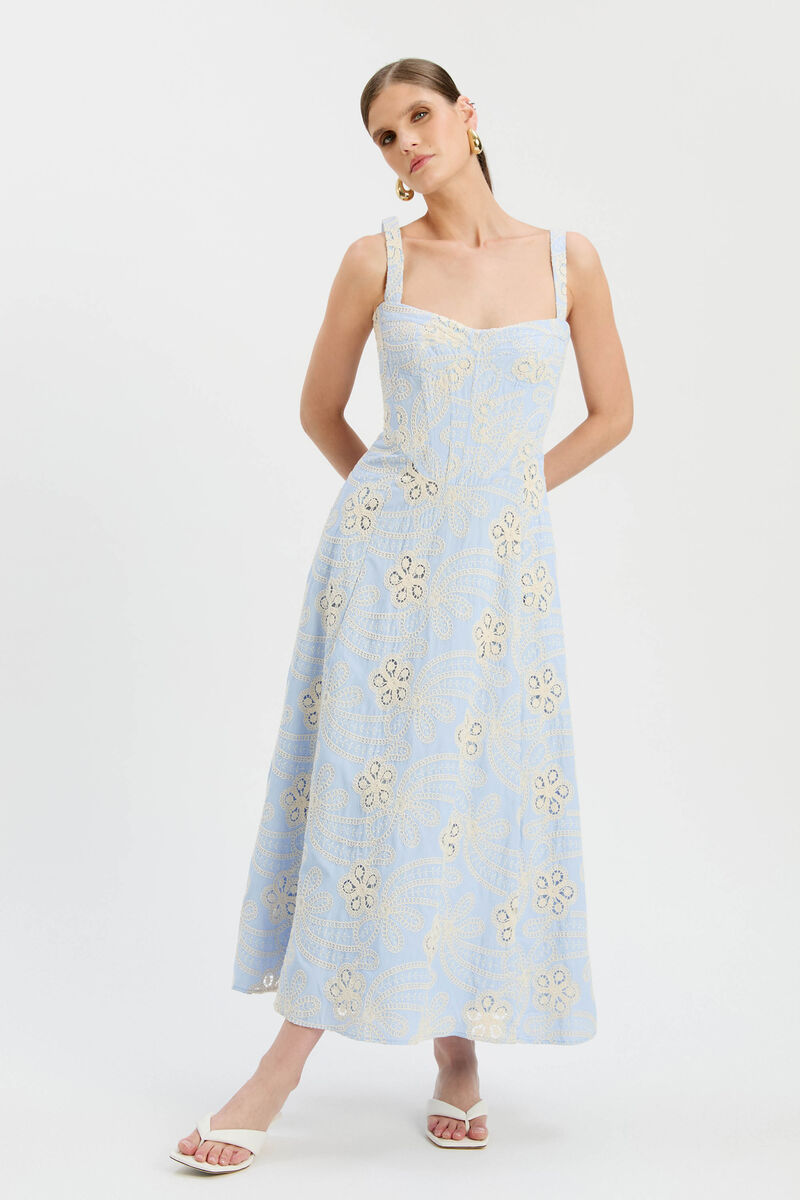 LILAH CORSET MIDI DRESS in colour Baby Blue Floral