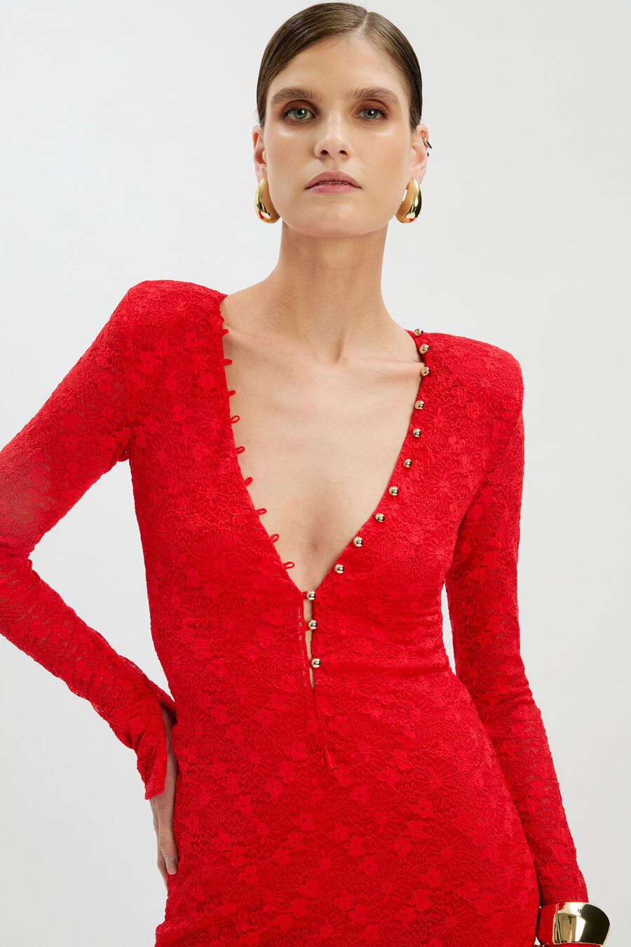 ZENIA LONG SLEEVE MIDI DRESS in colour Fire Red