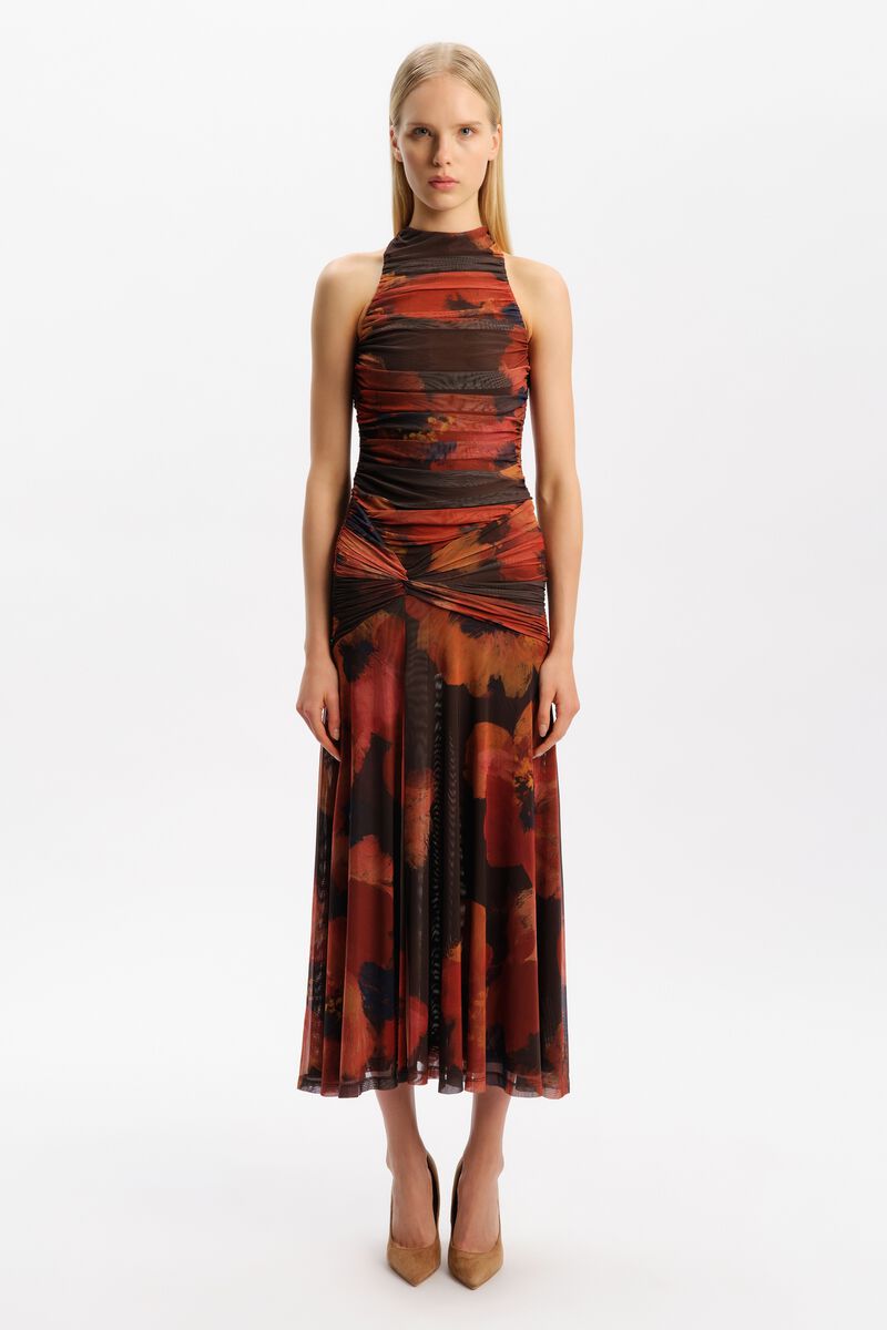 NATALYA MESH MIDI DRESS in colour Earth Red